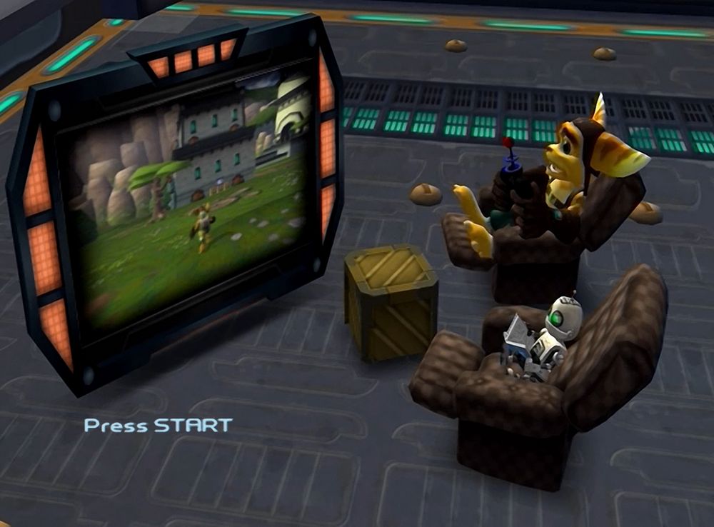Ratchet plays a video game. He's playing as himself. Clank reads. 