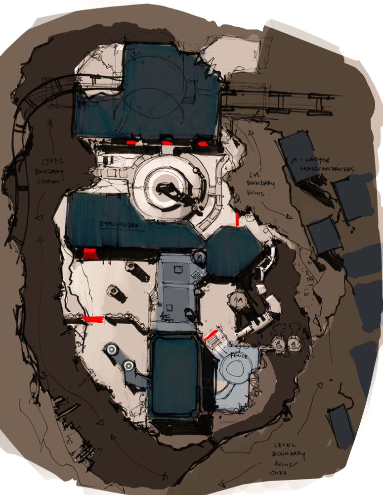 Concept art of the Complex from up above, showing its general layout. 