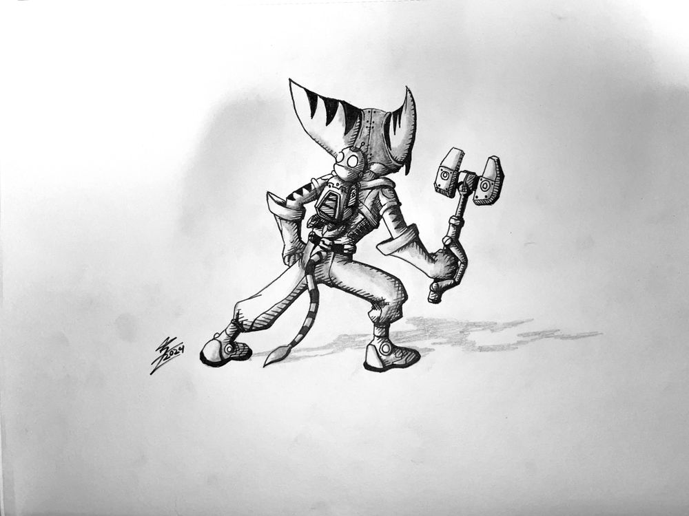 A black and white drawing of Clank on Ratchet's back. Clank is facing the viewer as Ratchet faces the opposite direction. Ratchet is also holding a wrench. 