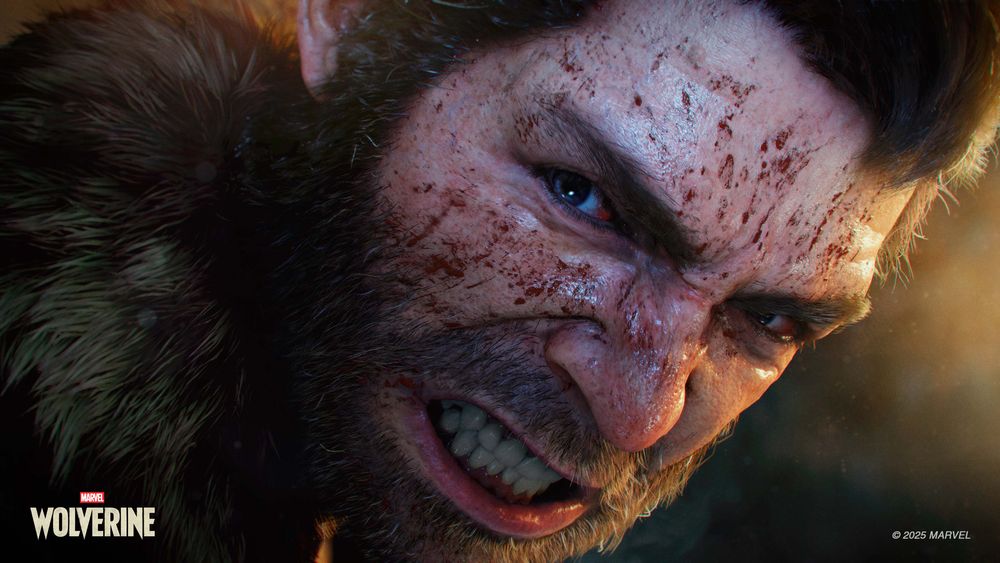 A bloody-faced Logan snarls and looks towards the camera.
