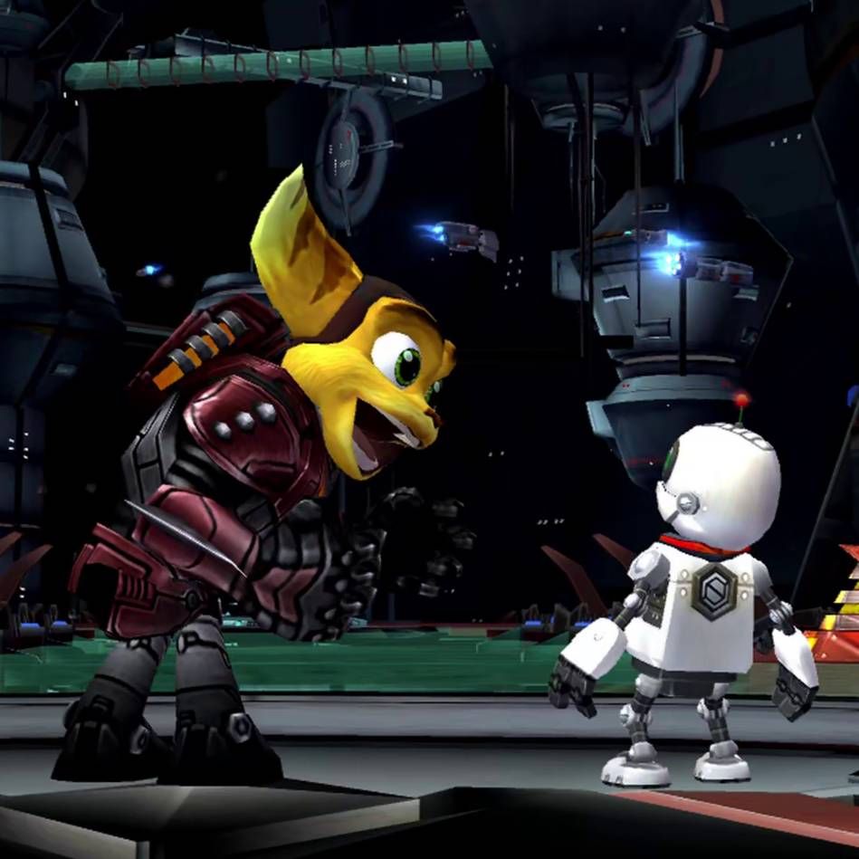 Ratchet looks excited, mouth fully open smiling. It looks like he's saying something to Clank, who looks back at him. 