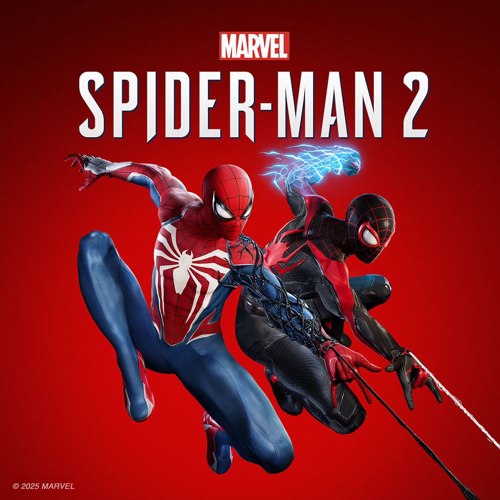 Marvel's Spider-Man 2 key art featuring Peter and Miles on a red backdrop with the game's logo up top.