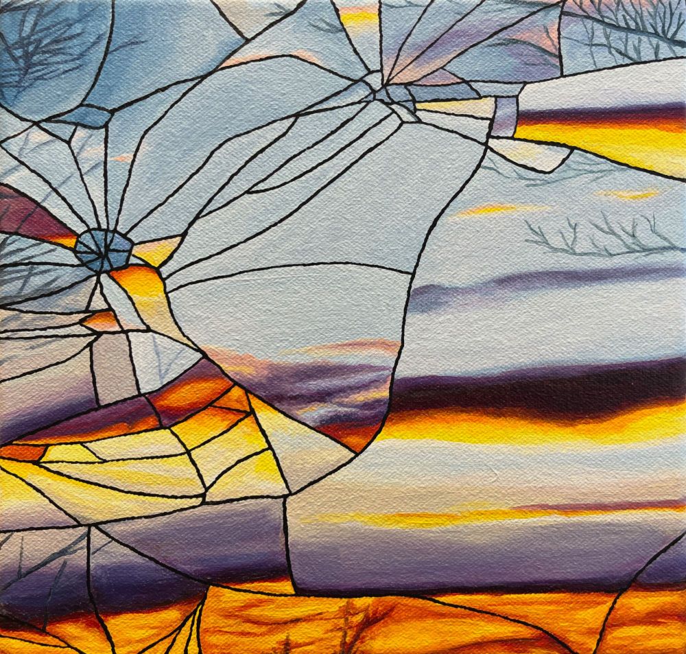 Painting of a shattered mirror reflecting a sunset in pale blue, purple and fiery yellow and orange.