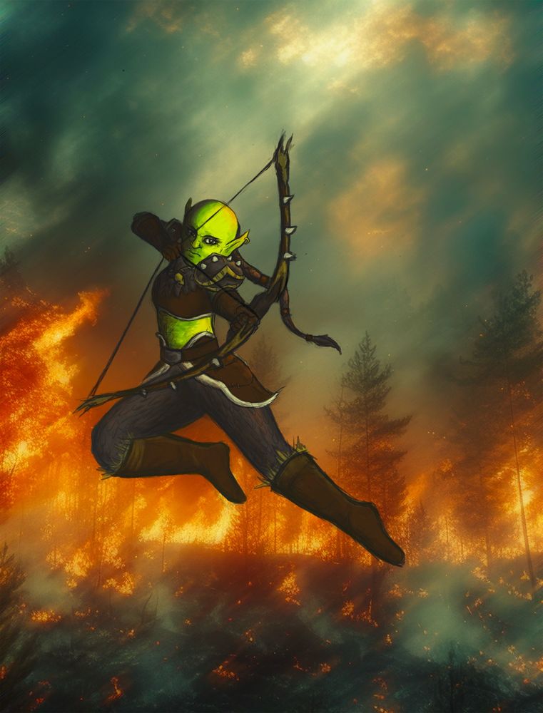 Digital painting by Athena Cooper of a bald, female orc hunter with green skin and long braid gracefully leaping through a fiery inferno with her long bow ready to fire.