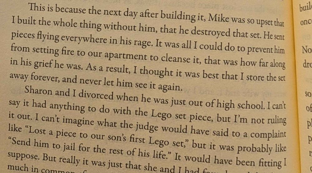 Excerpt from "Pieces", a short story in Breakfast & Other Journeys We Take: Sharon and I divorced when he was just out of high school. I can't say it had anything to do with the Lego set piece, but I'm not ruling it out. I can't imagine what the judge would have said to a complaint like "Lost a piece to our son's first Lego set," but it was probably like "Send him to jail for the rest of his life." It would have been fitting I suppose.