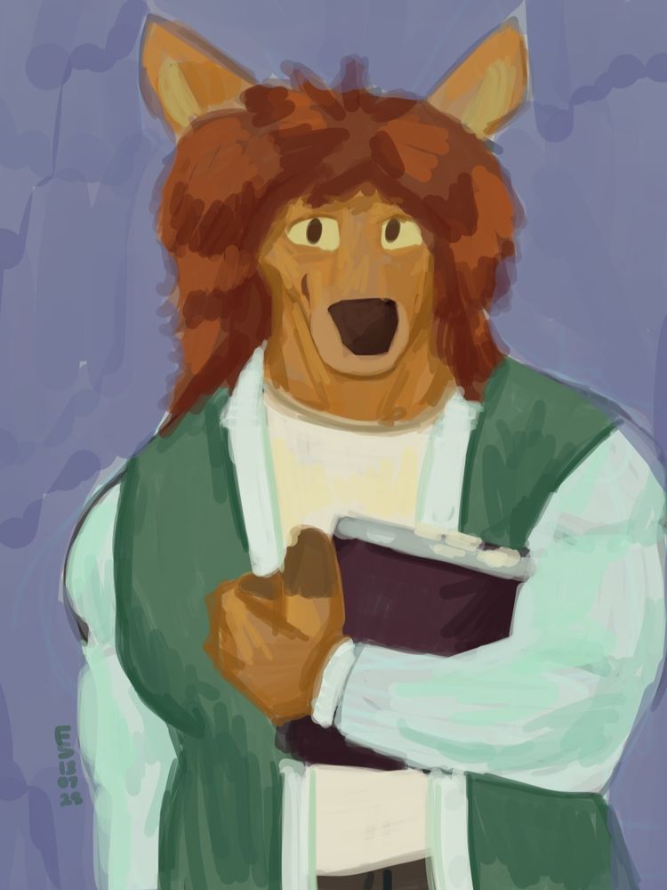 A doe (deer) girl holding a purple book in her bent arm. She smiles with a gentle almost warm, glad to see someone in front of her. Her clothes are white t-shirt, greenish-blue outer shirt worn like a robe around the bulky frame of her strength