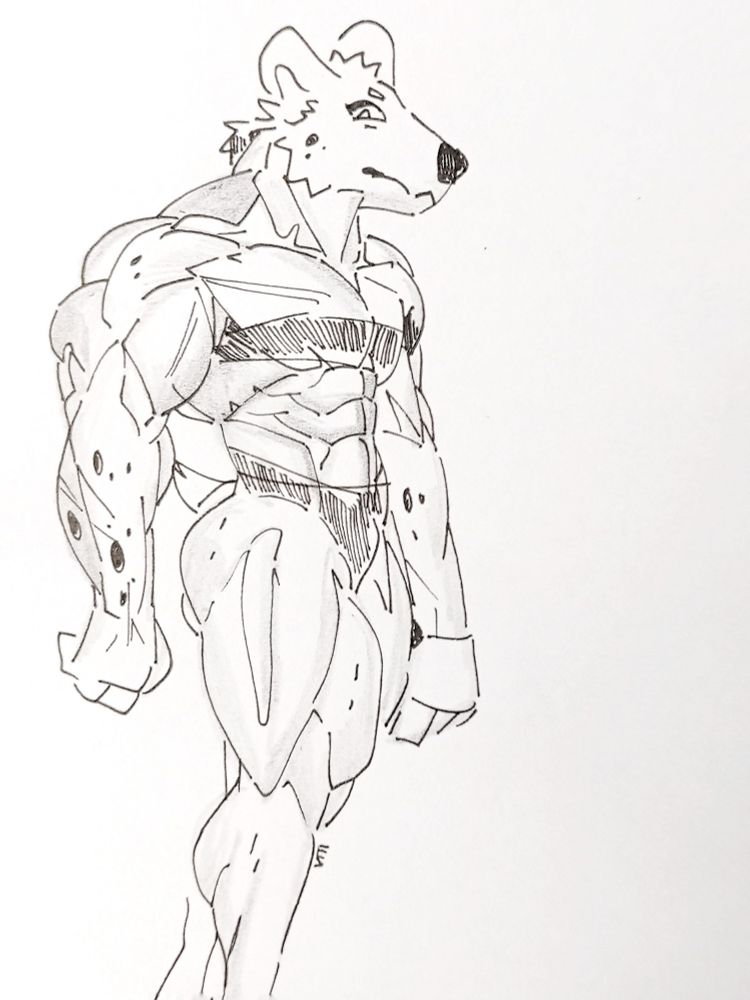 Muscular hyena woman with a fairly defined detail. Big triceps, delts and traps as well as wide lats outweigh the lower body and abs. She is looking down neutrally