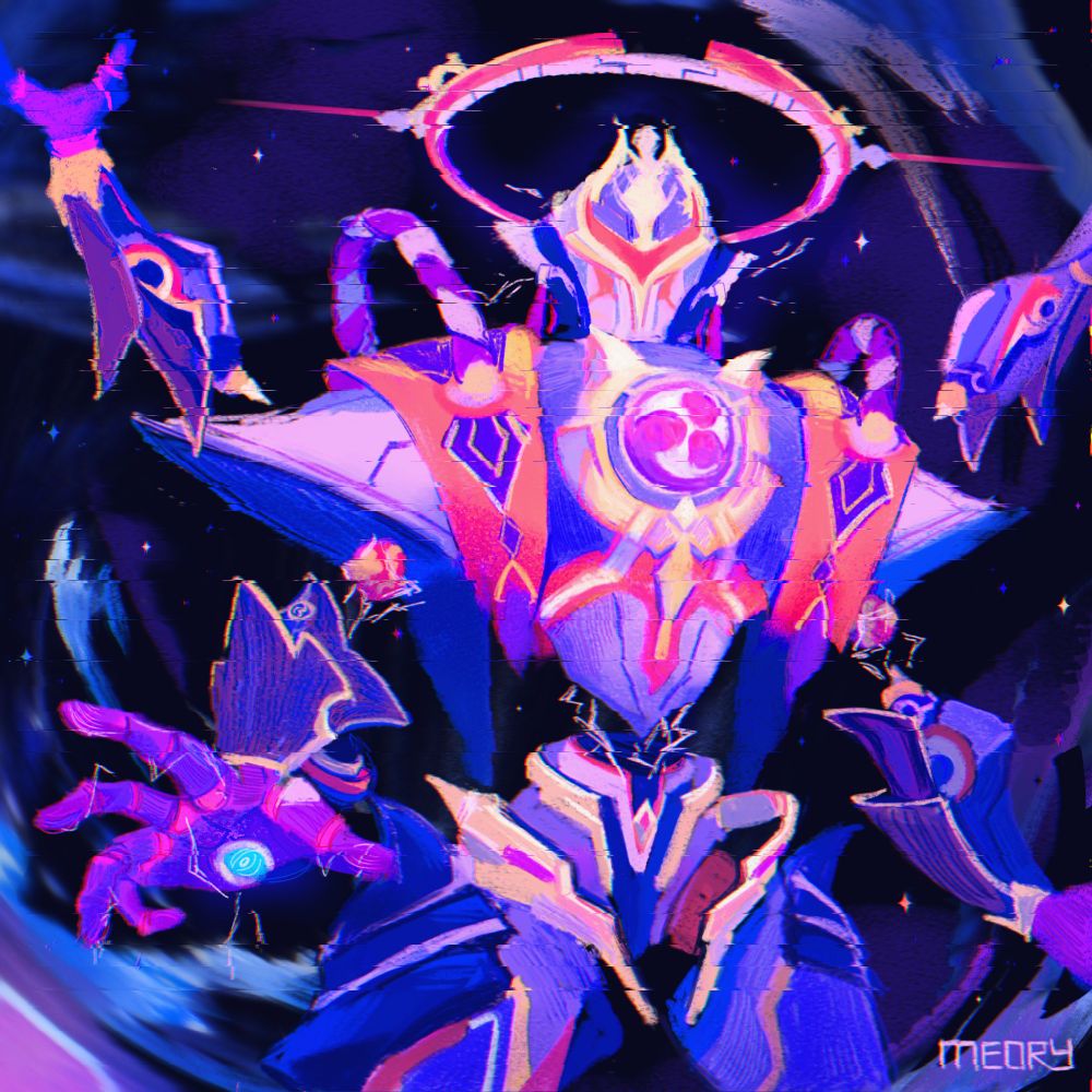 Fanart of the character Scaramouche from the game Genshin Impact in his boss version. There are many hues of purple, pink, and blue
