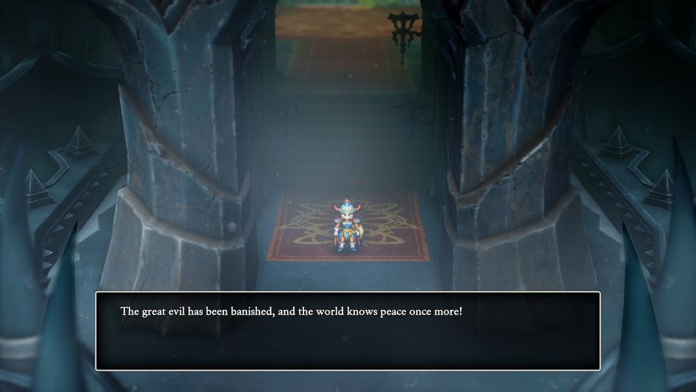 A screenshot from Dragon Quest 1's HD-2D remake. Text says "The great evil has been banished, and the world knows peace once more!"