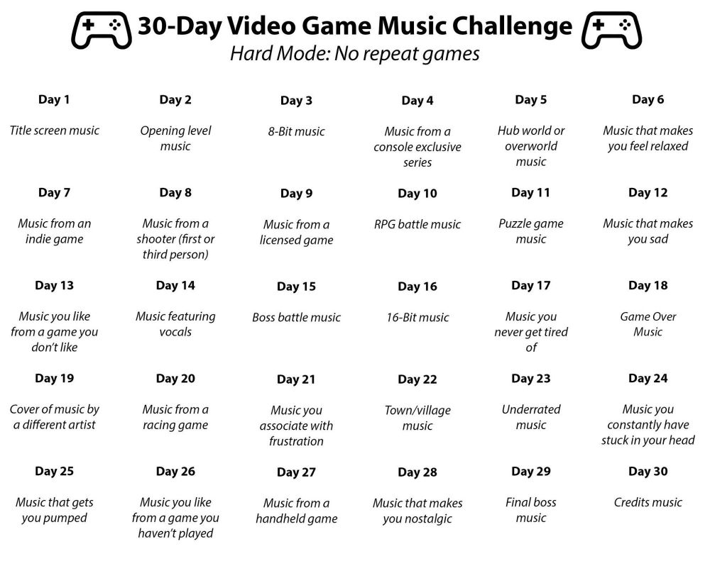 "30 day video game music challenge", a table of entries for challenges to share daily. It says "hard mode: no repeat games" near the top