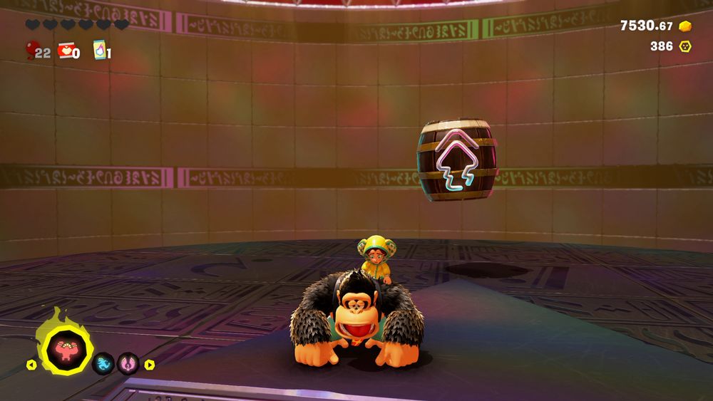A screenshot of Donkey Kong Bananza, showing a single pixel of health in DK's health bar