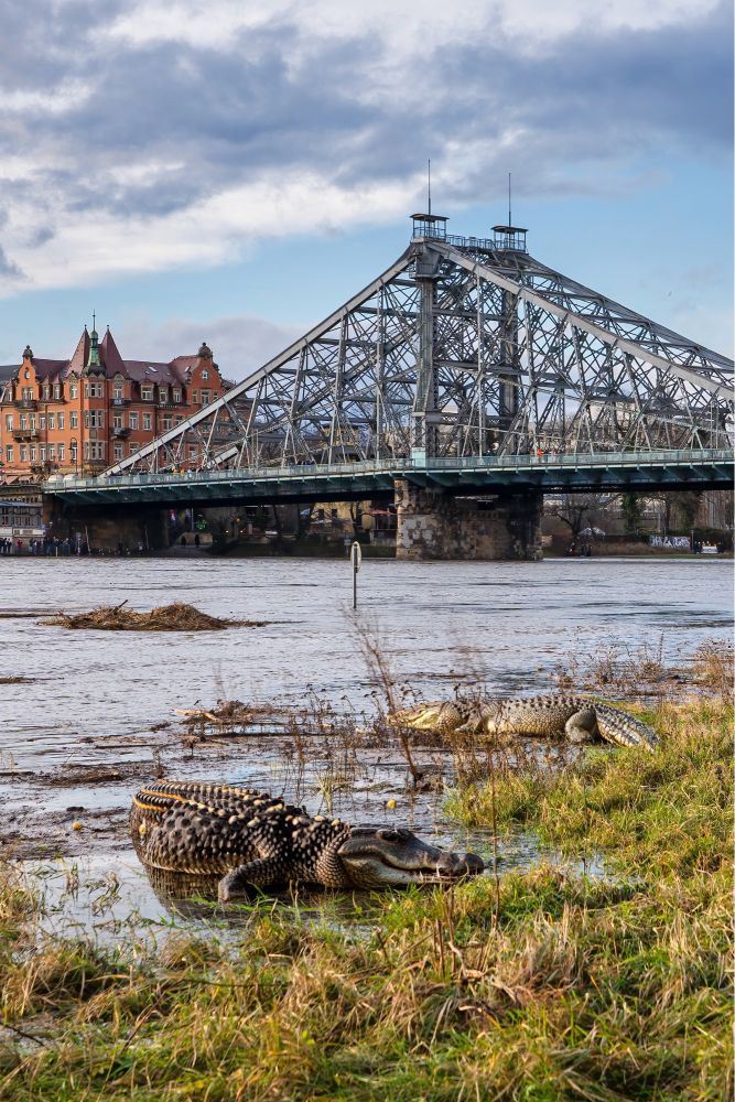 Elbehochwasser in Dresden am Blauen Wunder mit zwei Krokodilen am Elbufer.