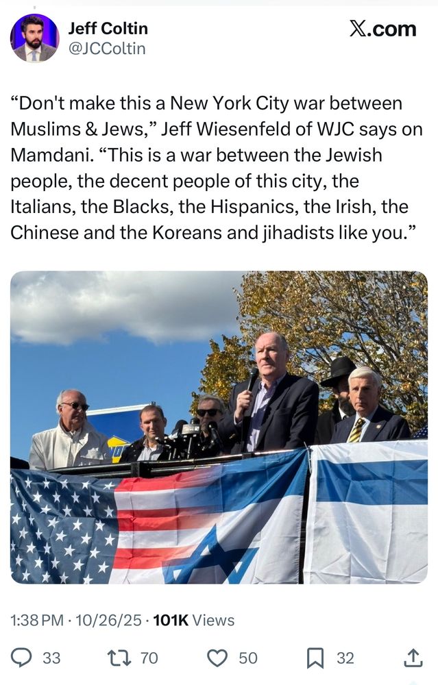 ““Don't make this a New York City war between Muslims & Jews,” Jeff Wiesenfeld of WJC says on Mamdani. “This is a war between the Jewish people, the decent people of this city, the Italians, the Blacks, the Hispanics, the Irish, the Chinese and the Koreans and jihadists like you.””