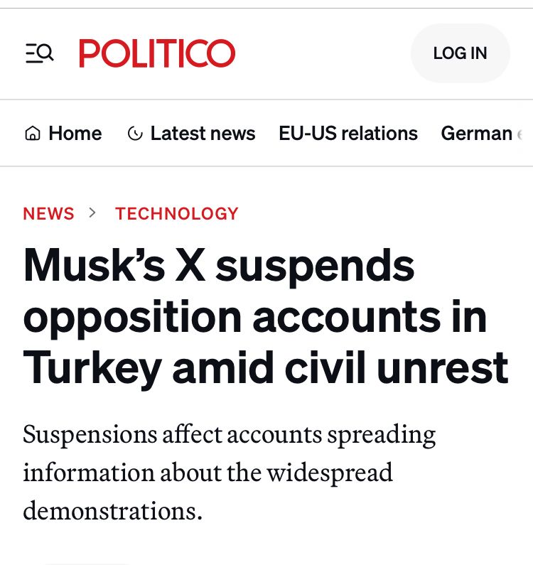 “Musk’s X suspends opposition accounts in Turkey amid civil unrest
Suspensions affect accounts spreading information about the widespread demonstrations.”