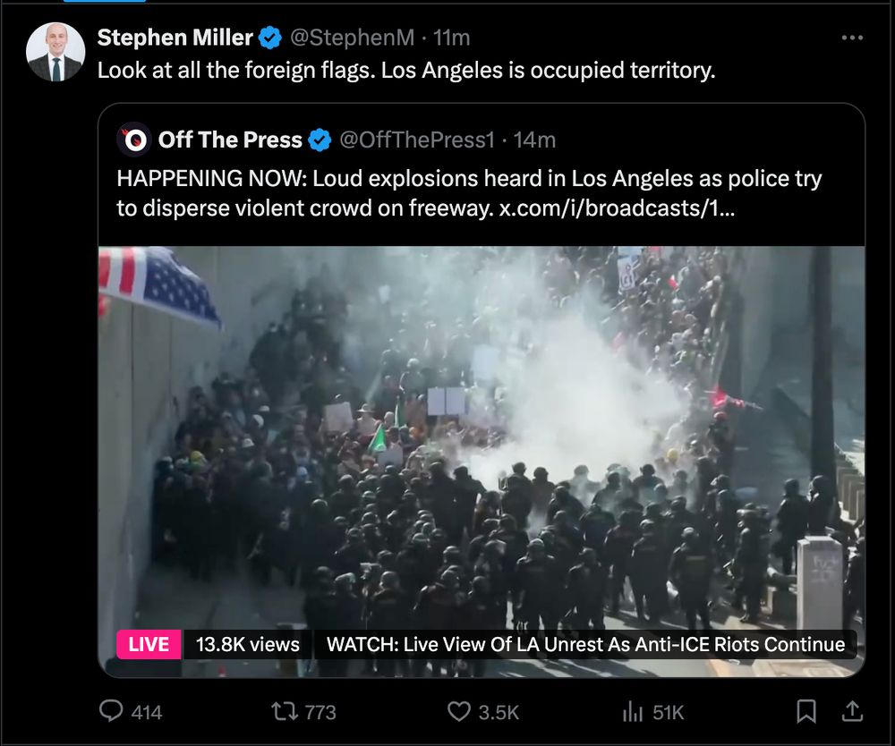 Tweet from Stephen Miller: "Look at all the foreign flags. Los Angeles is occupied territory."