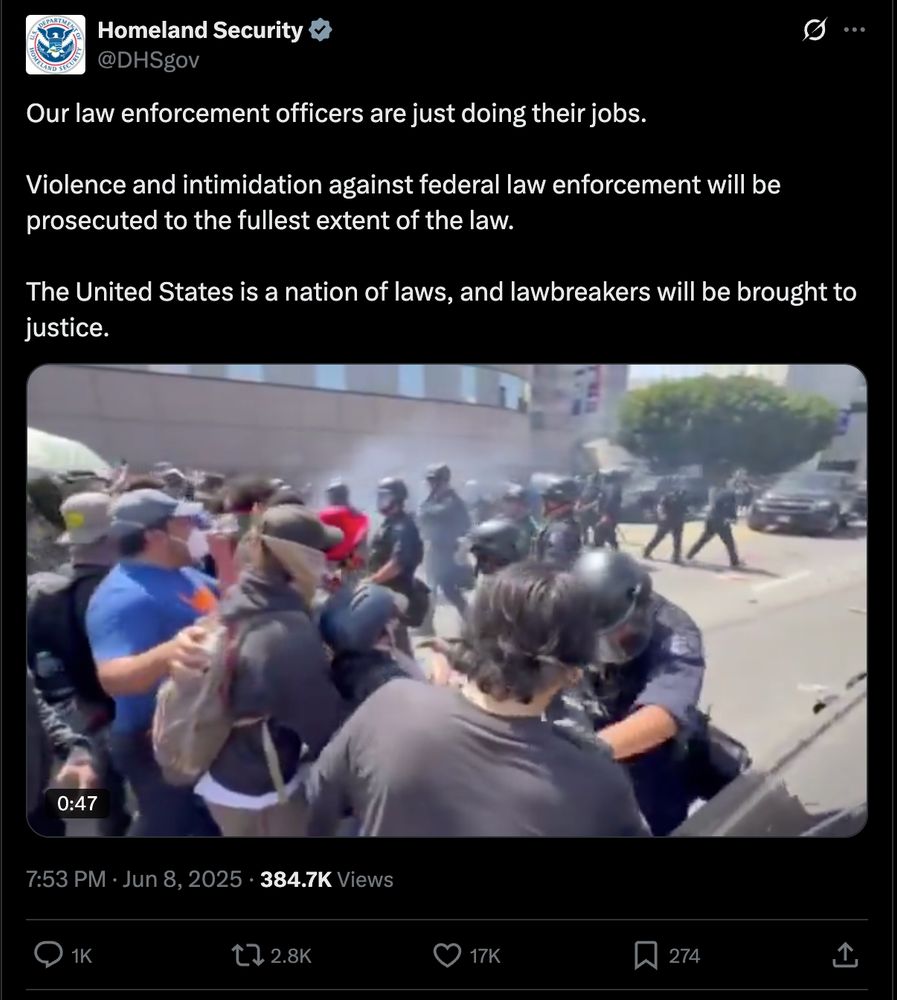 Tweet from the Department of Homeland Security: "Our law enforcement officers are just doing their jobs.

Violence and intimidation against federal law enforcement will be prosecuted to the fullest extent of the law.

The United States is a nation of laws, and lawbreakers will be brought to justice."