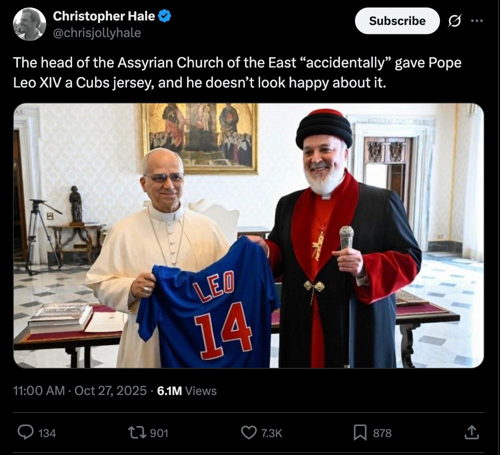 "The head of the Assyrian Church of the East “accidentally” gave Pope Leo XIV a Cubs jersey, and he doesn’t look happy about it."