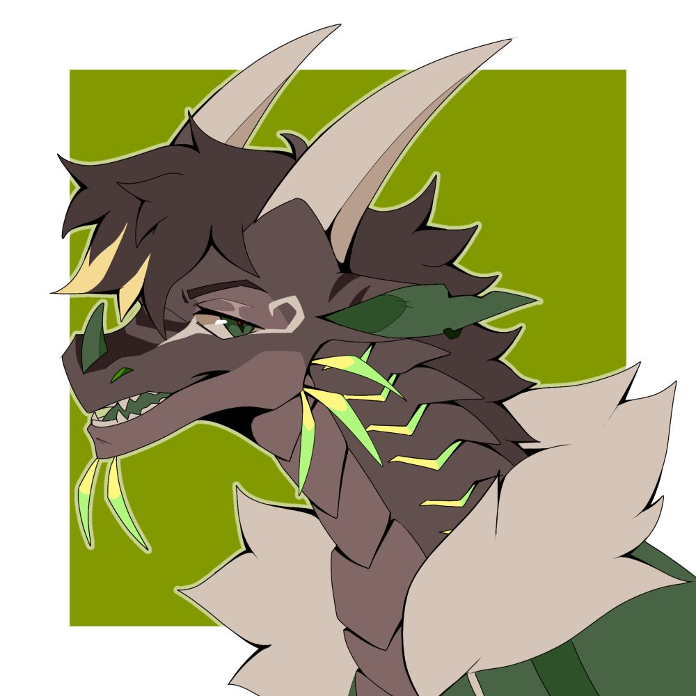 Headshot drawing of a Brown Dragon with Green accents yippio
