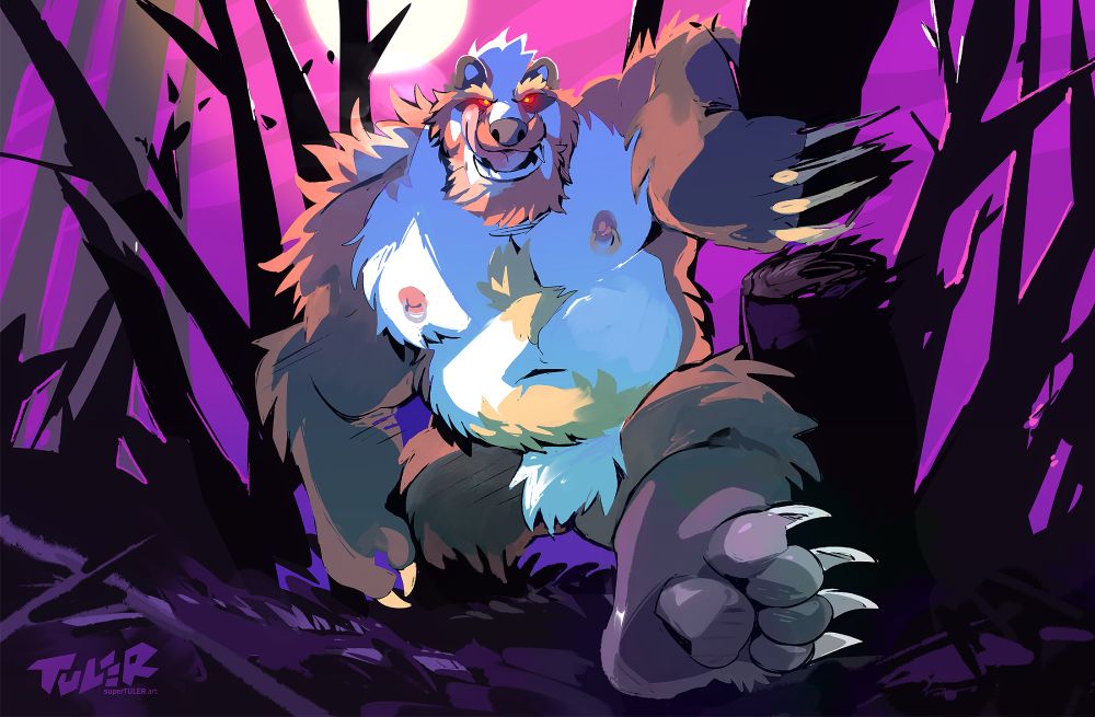 A large badgerman tromping through the forest and breaking the trees in his way to get to the viewer