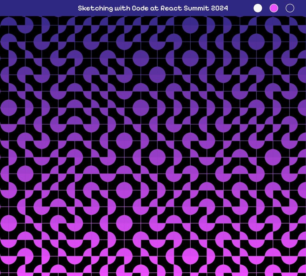 gradient ombre pink and purple grid of circles and half circles in  against a dark background with grid lines appearing in the background 
