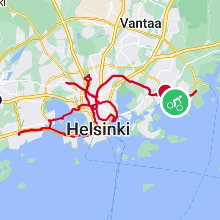 Pääkaupunkiseudun kartta, jossa punaisena viivana syherö reitti.