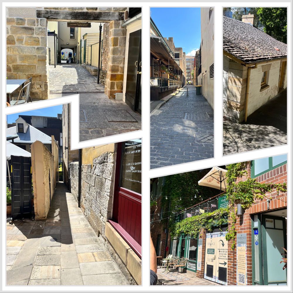 Collage mir 5 Fotos aus dem Viertel The Rocks in Sydney