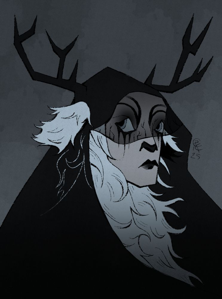 Illustration. A pale humanoid with long, flowing white hair, furry white deer ears, deer-like nose, and pointy black antlers in 3/4 view. Their body and the top half of their face is darkened by a black veil. The background is a smoky grey.