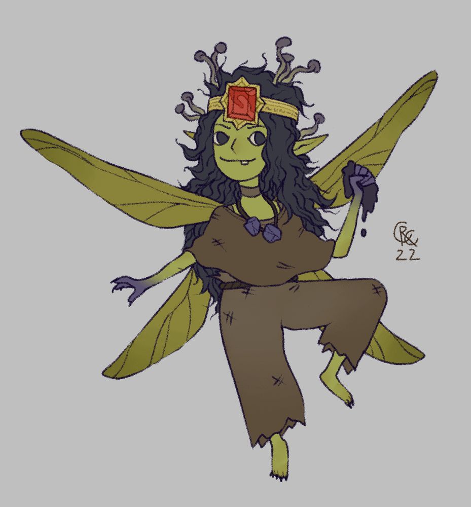 A dirty fairy with green skin and wings, holding a glob of purple goo. Tiny mushrooms grow from her dark hair, and she wears a gold ring set with a ruby as a crown. She has a cute bucktooth and a cheeky smile.
