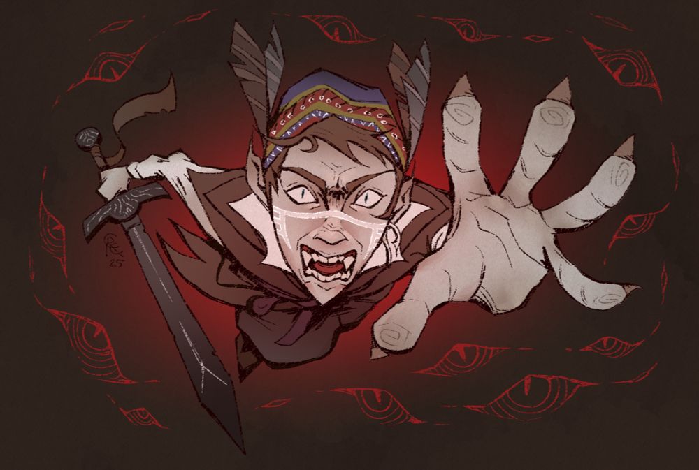 Illustration. A humanoid with sharp fangs and pointed ears lunges toward the viewer with a snarl on their face. They reach forward with their left hand, their nails sharp. Their right hand holds a sword, ready to thrust. They wear a brown tunic, a white undershirt, and a patterned red, blue, and green bandana. Feathers sprout from behind their ears. Abstract eyes float around the humanoid, watching them and coloring the scene with a bloody red glow.