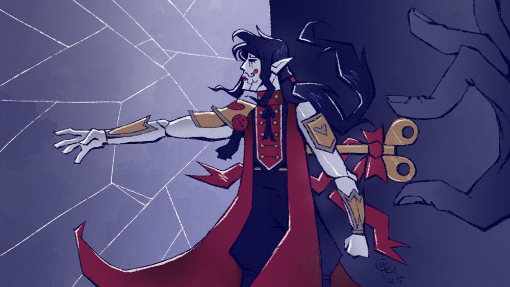 Illustration. A porcelain toy soldier with a long, navy blue ponytail reaches out to the left. He wears a red uniform and gold armor with heart accents. From behind him, a massive, shadowed hand turns his wind-up key. The background of the left half of the piece looks shattered, like glass or porcelain.