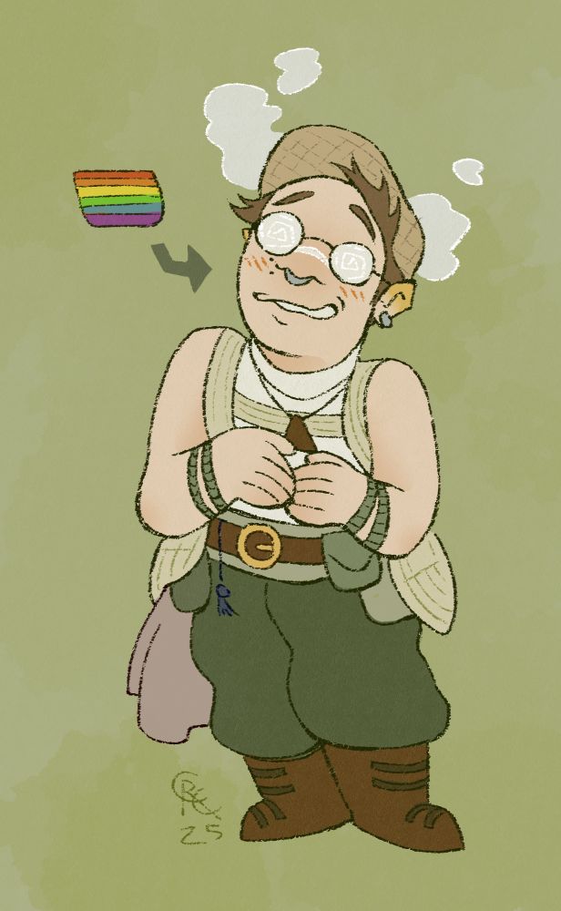 Illustration. A pale human with gold-tinted ears and brown hair stands, looking flustered. They wear a neutral-toned vest, green pants, and fogged-up glasses. Steam rises from underneath their woven straw flat cap. Next to them is an arrow pointing to them from a rainbow flag. Gay.