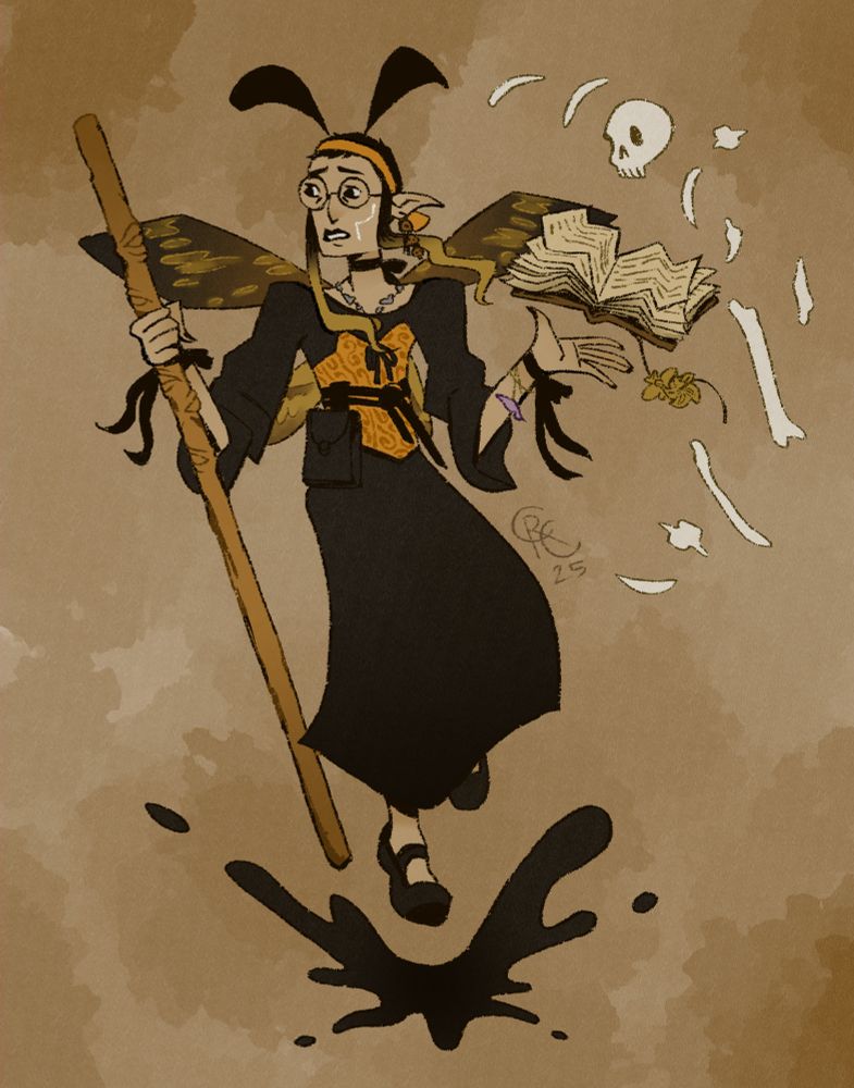 Illustration. A concerned, bespectacled woman with moth wings and antennae floats down, holding a wooden staff in one hand and a book above the other. She is dressed in black and orange and has skull-like markings on her face, resembling a death's-head hawkmoth. Various bones float in the air around her, and a puddle of ink splashes up at her feet.