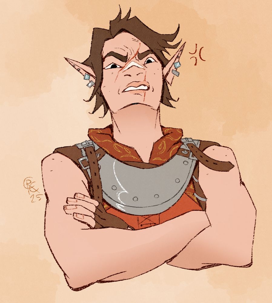 Illustration. An elf with short, dark brown hair, pierced ears, and facial scars looks down angrily at the viewer, their arms crossed. They wear a steel gorget and a sleeveless red tunic.