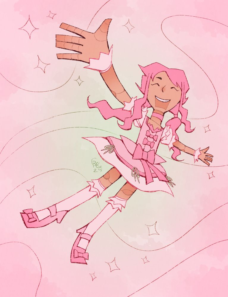 Illustration. A light-skinned ball-jointed doll with pink pigtails and ringlets leaps joyfully through the air, arms outstretched. It wears a short pink and white dress with lots of ribbons and ruffles.