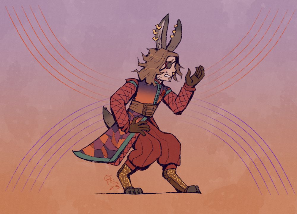 Illustration. A person with rabbit ears, tail, and digitigrade legs faces to the right, looking at their hand with a grimace. He wears an eyepatch, a quilted red tunic/gambeson, and a coat reminiscent of stained glass. The piece has a dusky purple and orange color scheme.