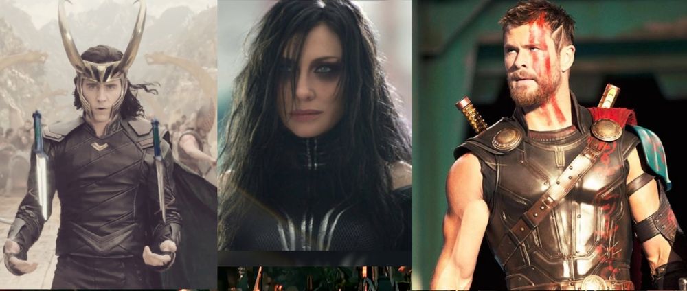 Photo collage of MCU Loki, Hela, and Thor. All screengrabs from Thor: Ragnarok if you're interested.