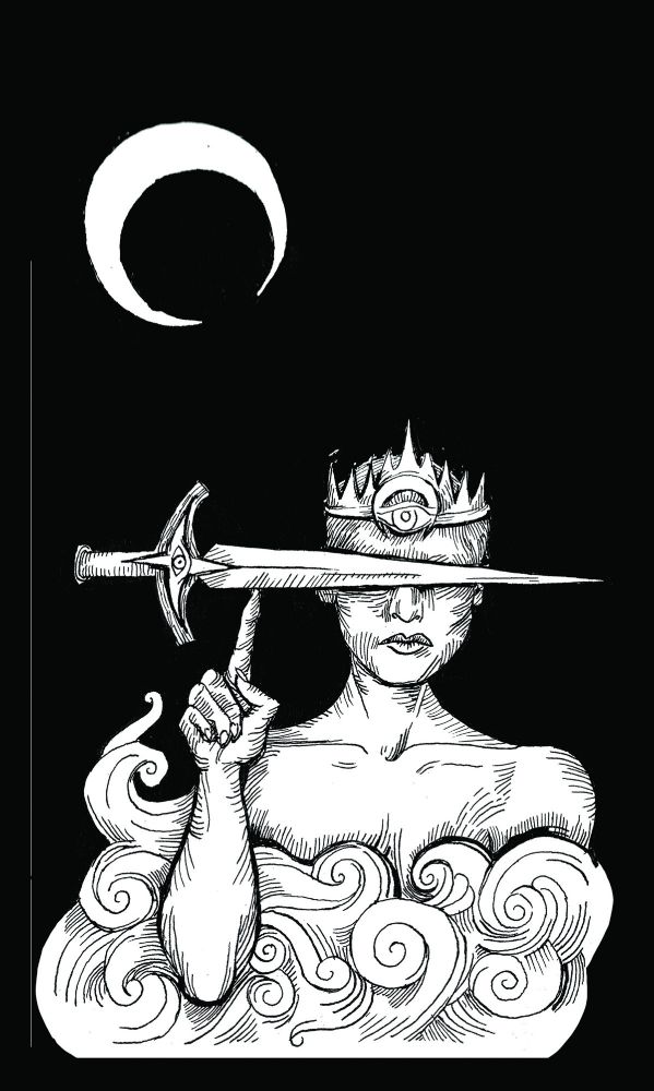 black ink drawing of figure in a crown balancing a sword on one finger, while a crescent moon hangs above.