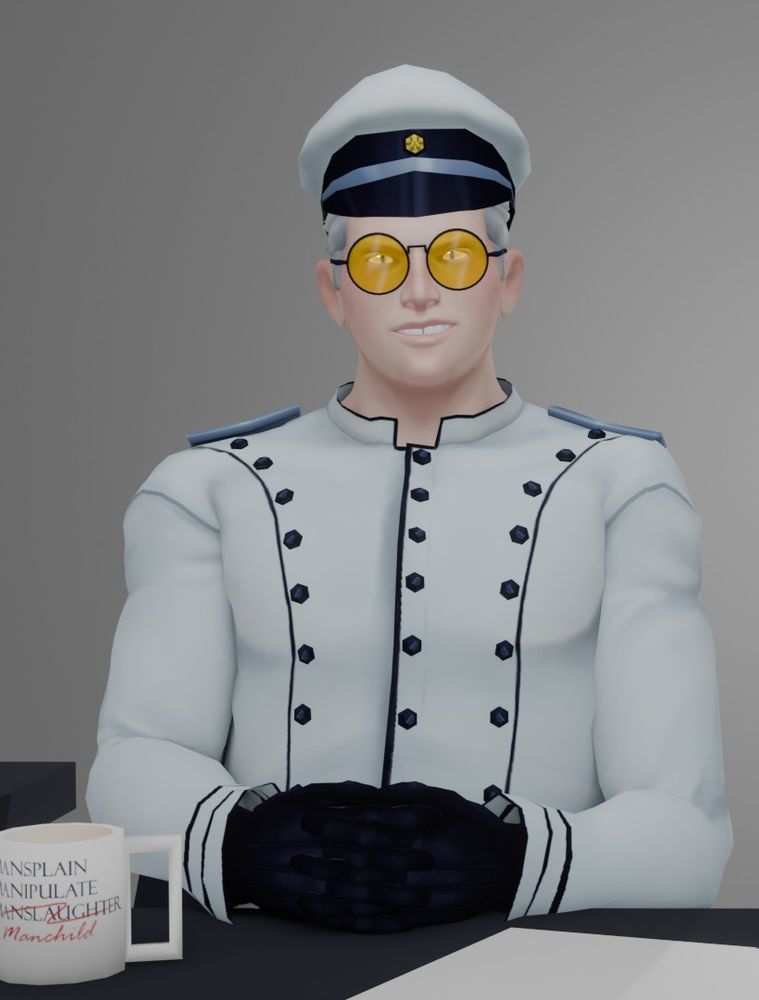 Alexander is sitting in his uniform and an admiral's hat. 