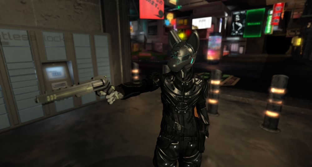 Anthropogenic Fox wearing a metal helmet with Fox-shaped ears, holding a gun