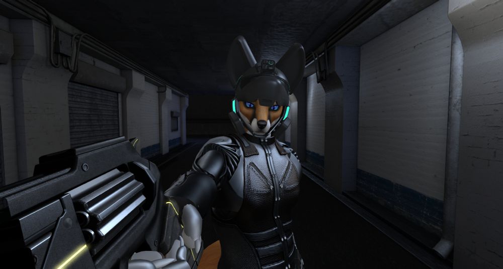  an anthropogenic Fox in a cyberpunk silver suit and grey helmet holds a gun towards the camera