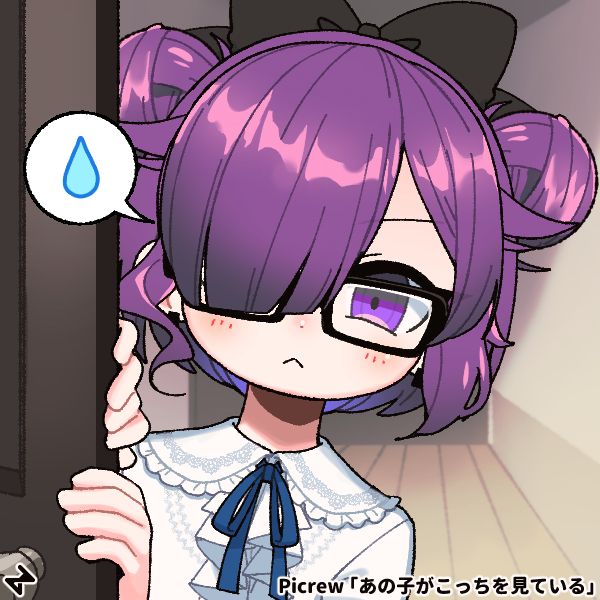 a picrew of callie. they have purple shoulder-length hair drooping over one eye, and twin buns. they wear glasses and a bow in their hair. they're leaning against a door, looking tired with a sad expression.