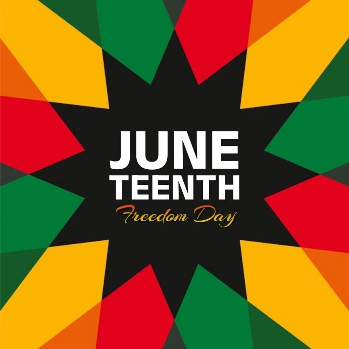 A black star surrounded by red, green and yellow. Text reads "Juneteenth Freedom Day".