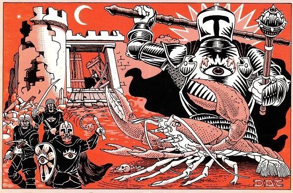 On the left, a group of people with helmets, shields and weapons. Their robes are embellished with a flaming eye. On the right, an enlarged drawing of a person in plate, with a rod and mace. Their armor also has the flaming eye. A very large lobster stands in front. In the background is a ruined wall and tower with a broken gate.
