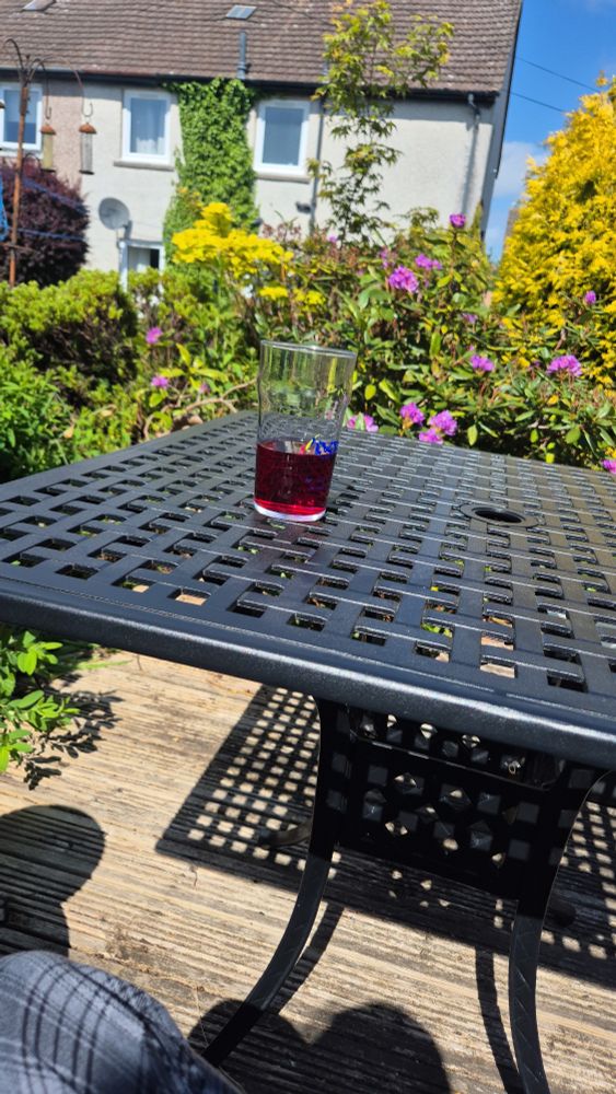 Picture of a table with a pint glass on it on a wooden deck in front of a flowering rhodedendron  with purple flowers. Also some weeds and a house in the background. 