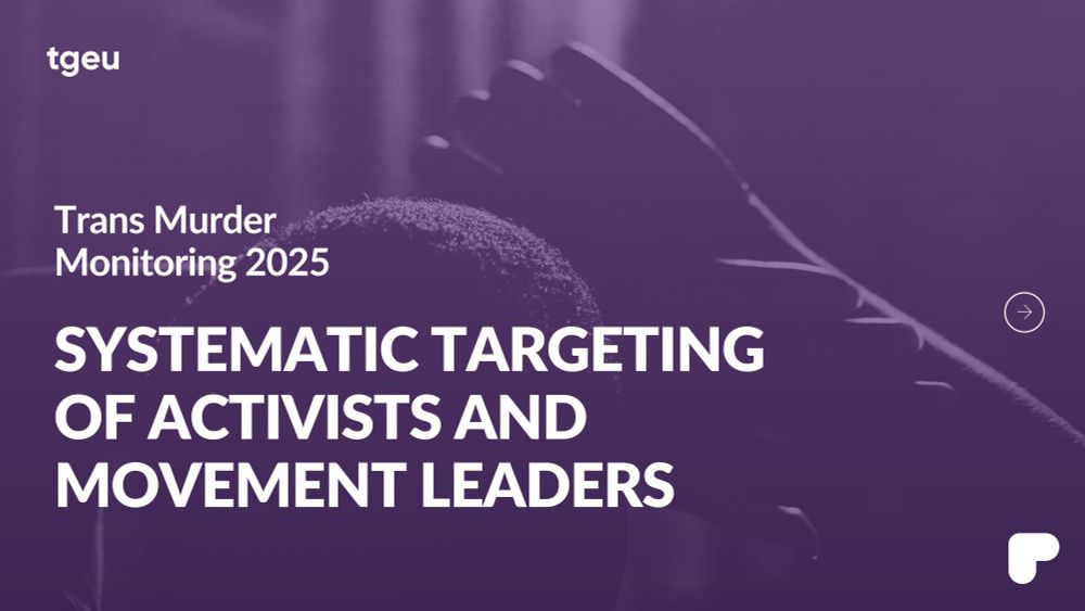 Purple background with text: "Trans Murder Monitoring 2025" and "Systematic Targeting of Activists and Movement Leaders.”
