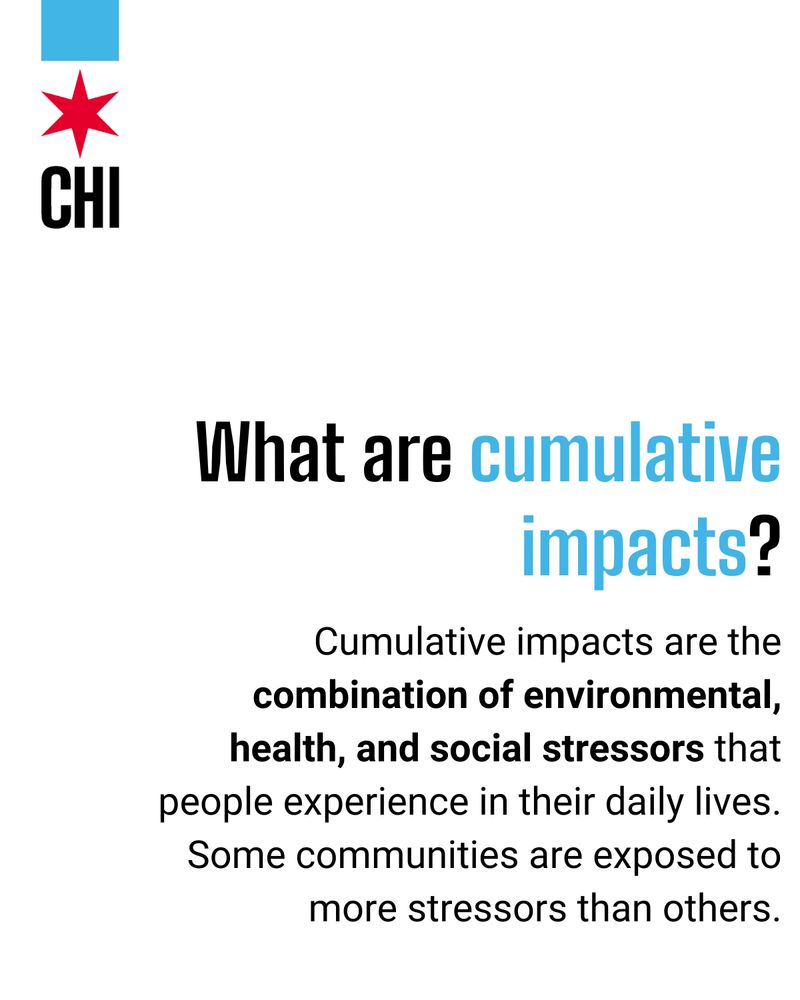 The image contains text defining the term "cumulative impacts." The definition reads: "Cumulative impacts are the combination of environmental, health, and social stressors that people experience in their daily lives. Some communities are exposed to more stressors than others."