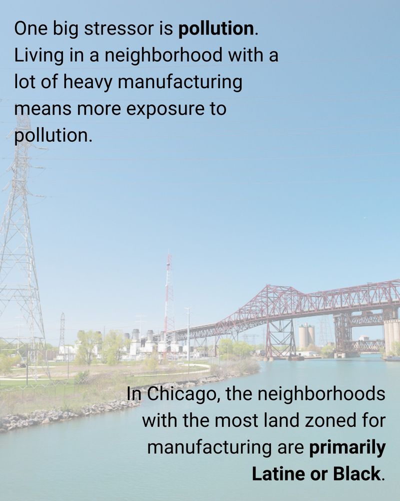 The photo is of the Calumet River. The Chicago Skyway bridge, industrial facilities, and cell towers can be seen in the distance. The image reads:
"One big stressor is pollution. Living in a neighborhood with a lot of heavy manufacturing means more exposure to pollution.
In Chicago, the neighborhoods with the most land zoned for manufacturing are primarily Latine or Black."