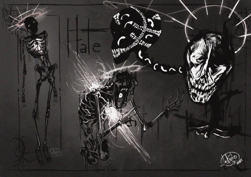 A long black skeletal figure, creepy and very suggestive. This creature has a bright halo, in the center of his chest has a light and observe the spectator with a strange kinda smile, one of others, he can change face and had multiple eyes.