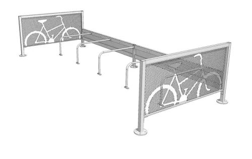 A black-and-white rendering of a rectangular bike parking module, consisting of two screens with bike markings at each short end, one flat bar connecting the short ends, and five arced tubes to lean bicicles against and secure them. The ten feet have pre-drilled holes to bolt them onto the ground.