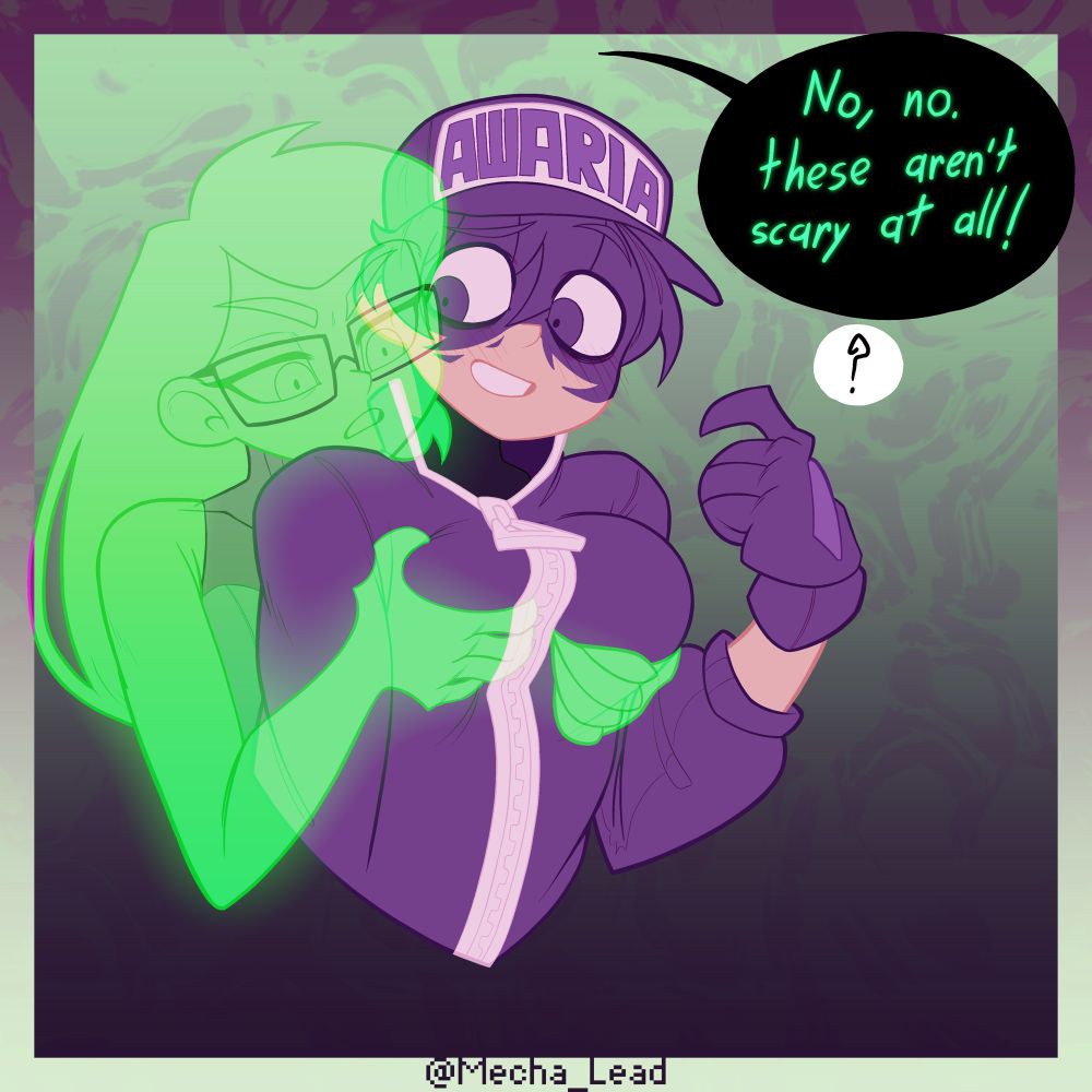 Zofia (from the game Awaria) casually groping and examining Ula’s breasts and saying “No, no. These aren’t scary at all!”
(The engineer is a little confused)